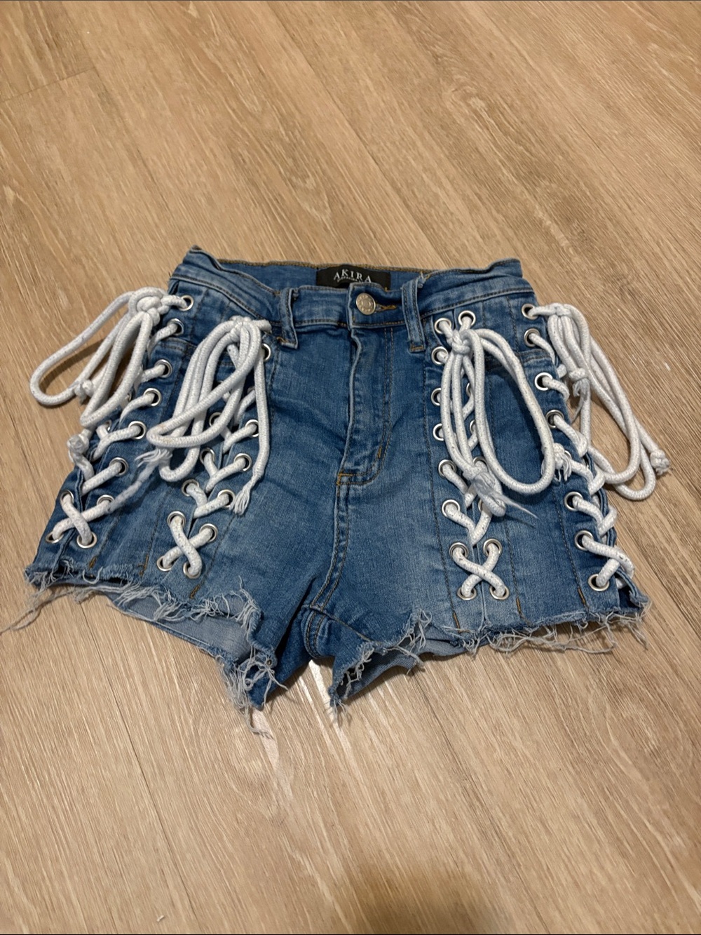 AKIRA Blue Denim Shorts with White Rope Lace-Up Sides